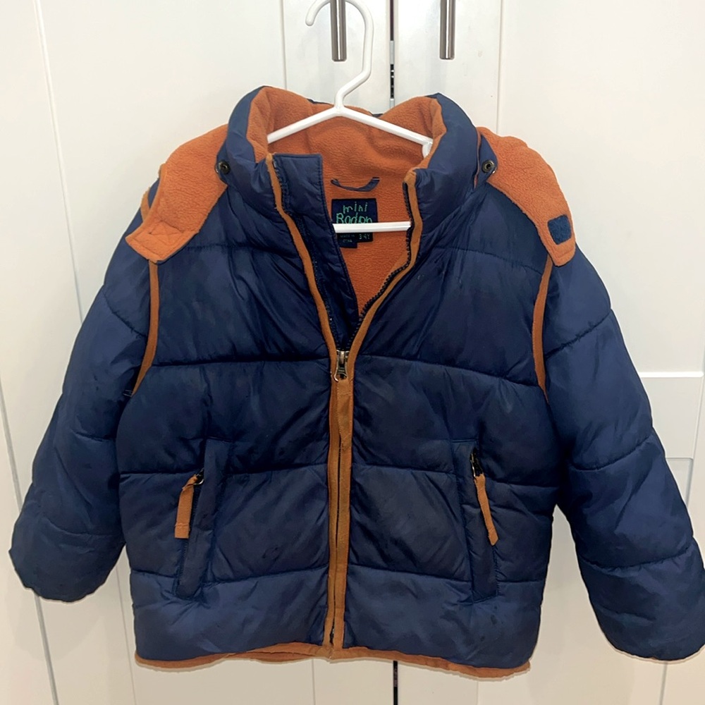 Mini Boden 3/4Y navy blue hooded fleece-lined puffer coat / vest w/ orange trim.